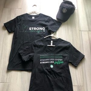 TWO BRAND NEW STARBUCKS T-SHIRTS and hat (slightly worn/looks new). Save on set!